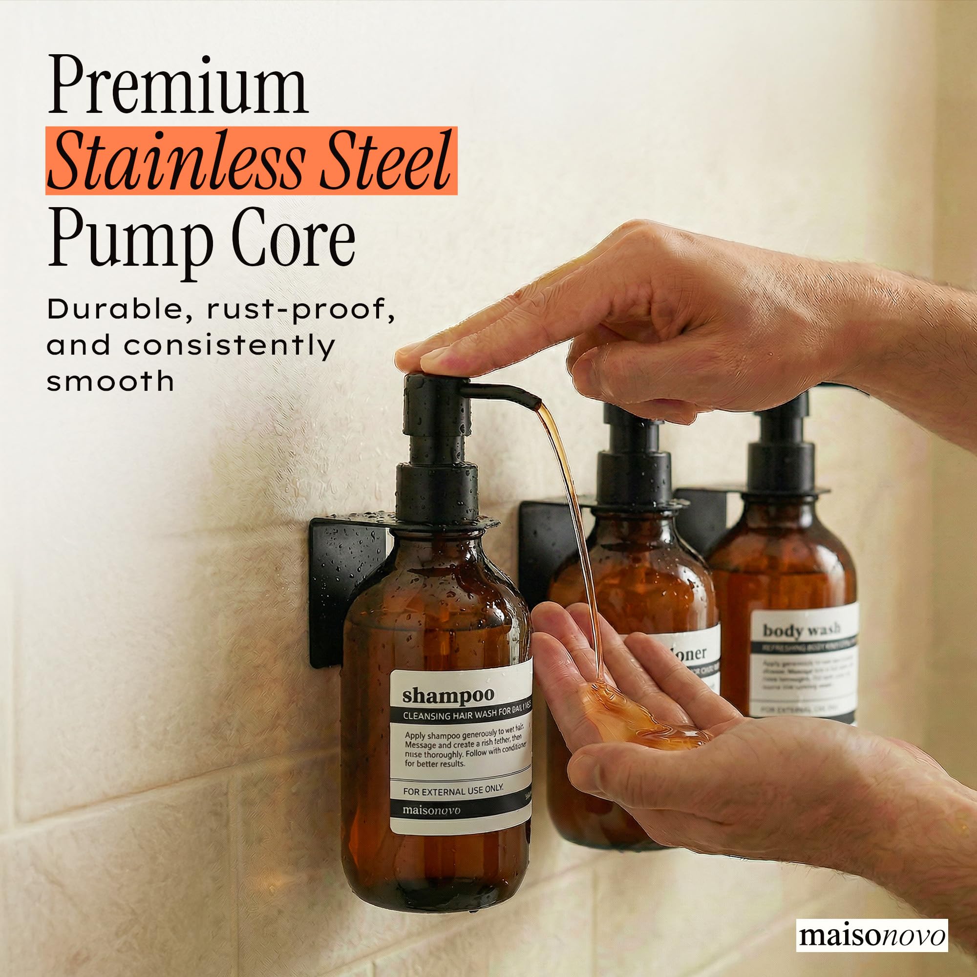 MaisoNovo pump dispensing shampoo demonstrating easy, controlled delivery