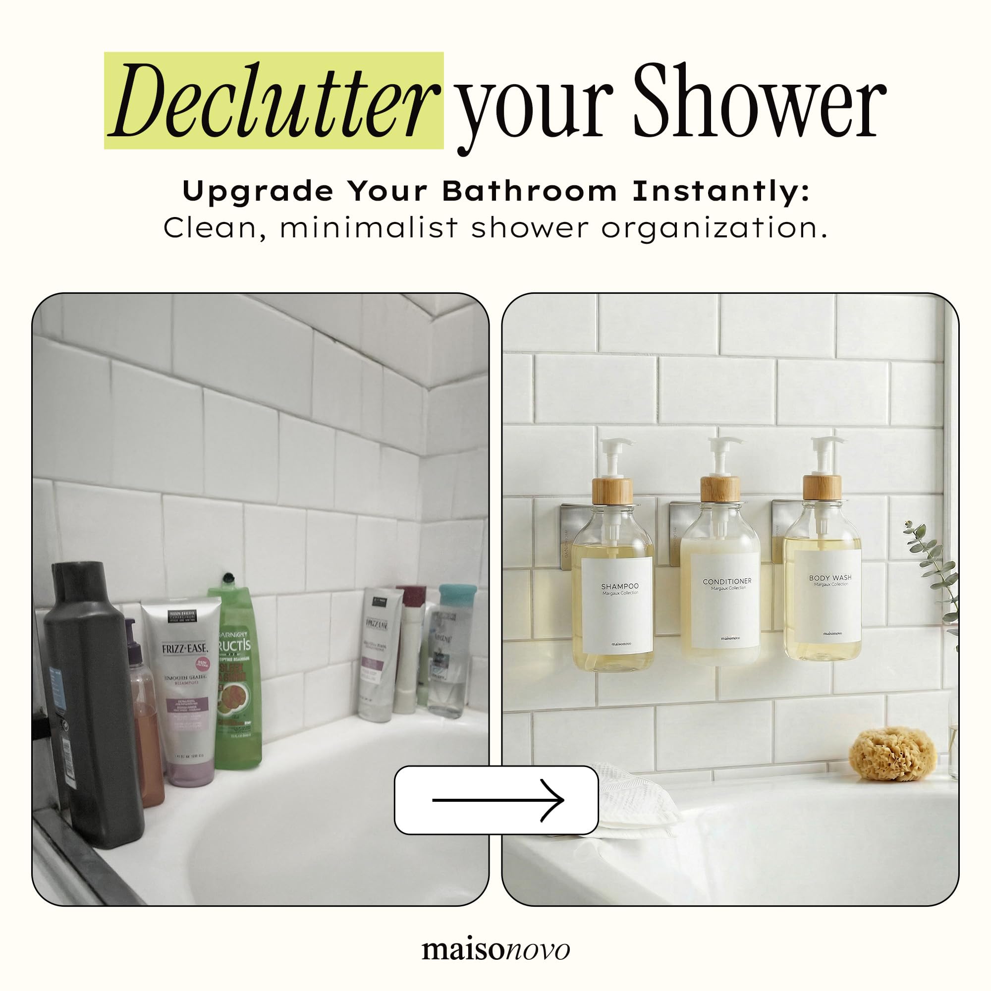 MaisoNovo wall-mounted shower installation showing neat layout and easy-access bottles