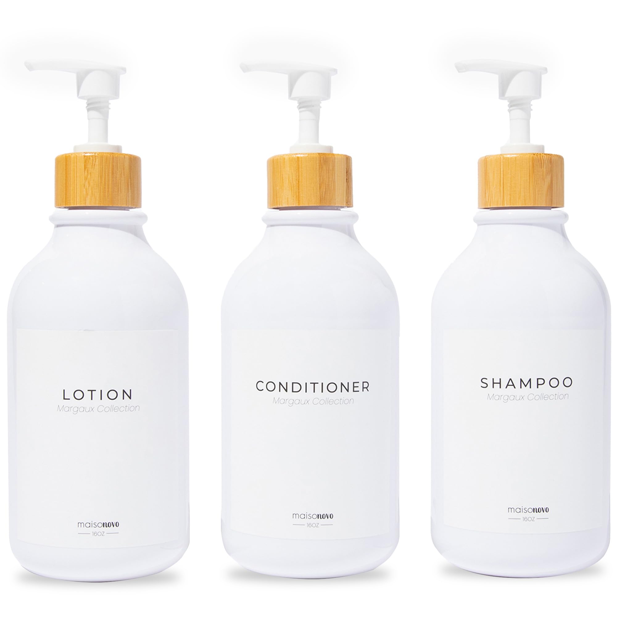MaisoNovo front view of three white bamboo bottles showing coordinated set and tidy storage benefit