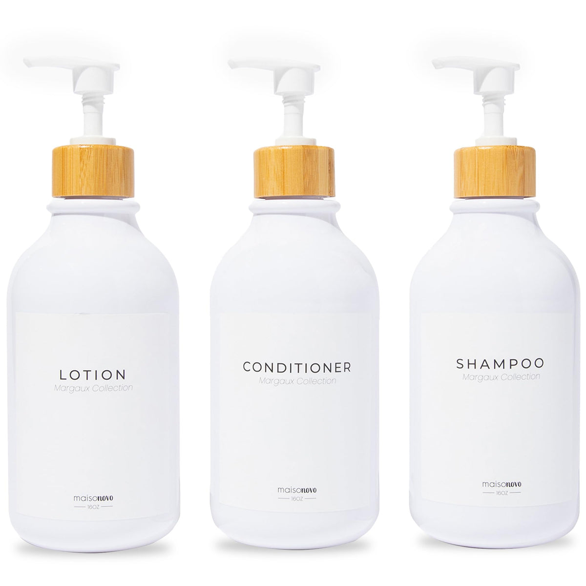 MaisoNovo front view of three white bamboo bottles showing coordinated set and tidy storage benefit