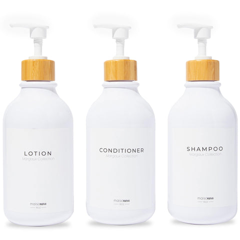 MaisoNovo front view of three white bamboo bottles showing coordinated set and tidy storage benefit