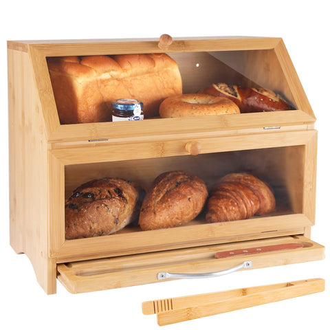 MAISONPEX front view of bamboo bread box showing neat storage and organized countertop