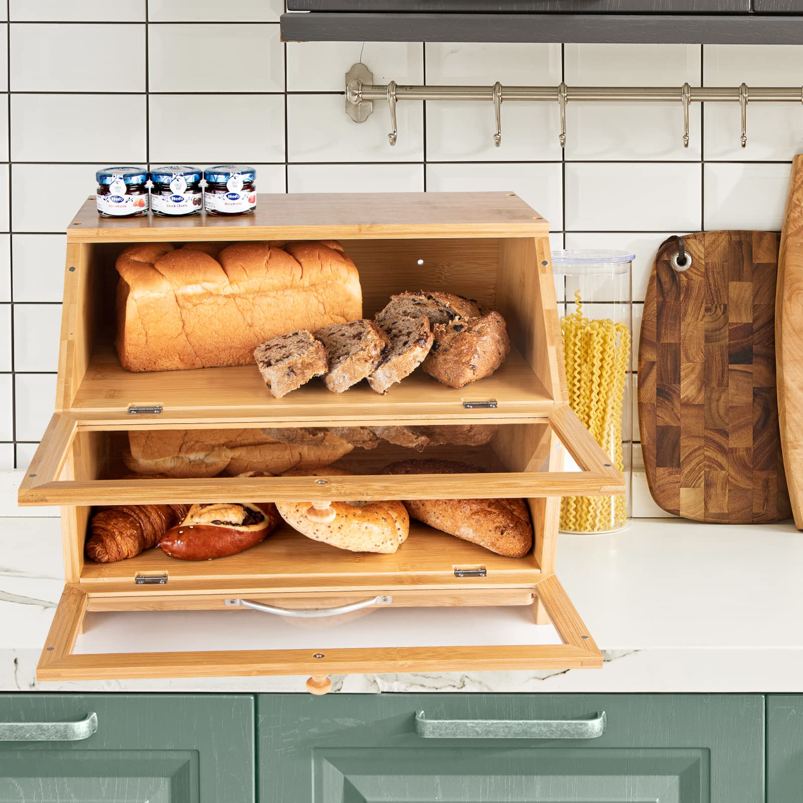 MAISONPEX bread box on kitchen counter styled with bread and small plants