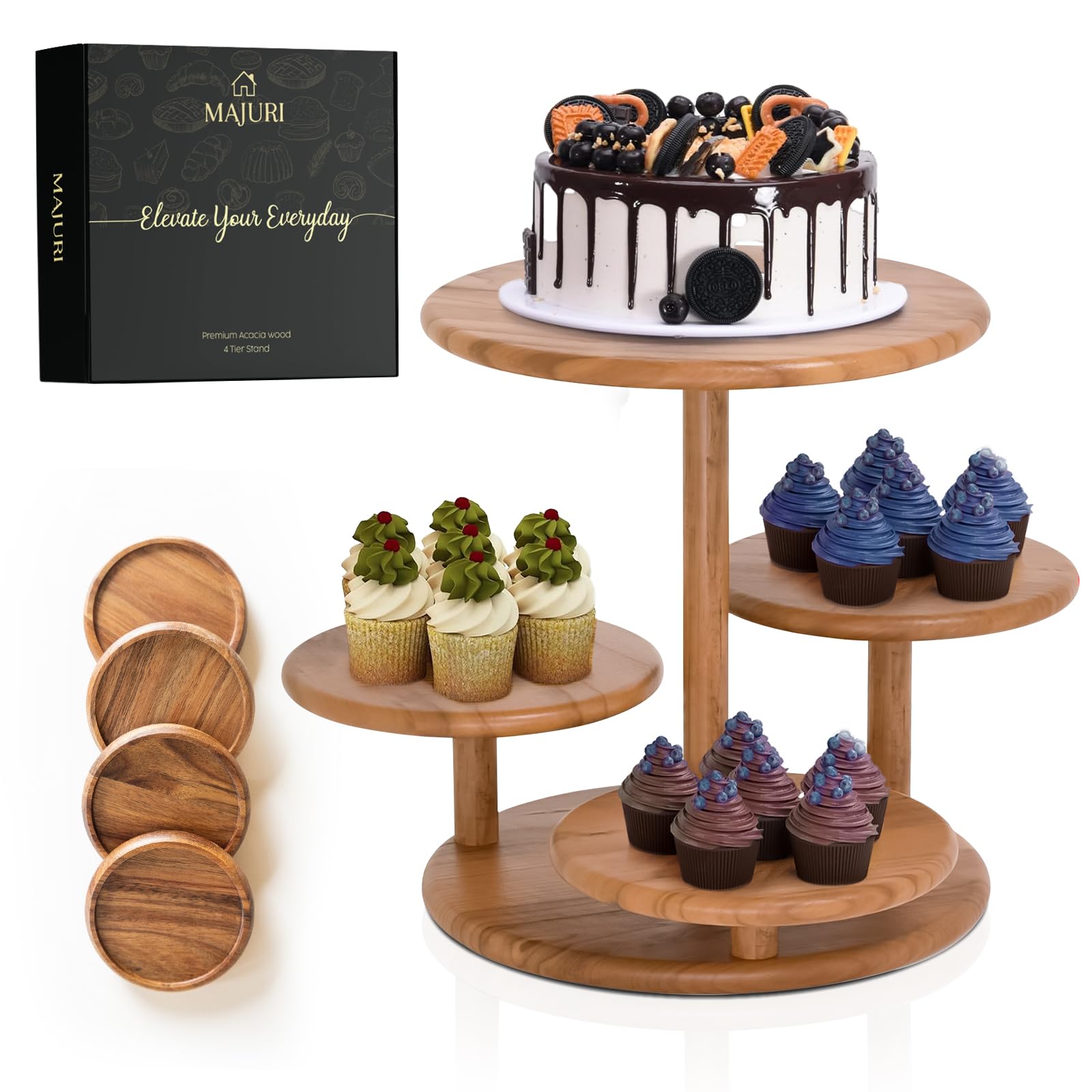 MAJURI front view of 4-tier cupcake stand showing elegant presentation and capacity