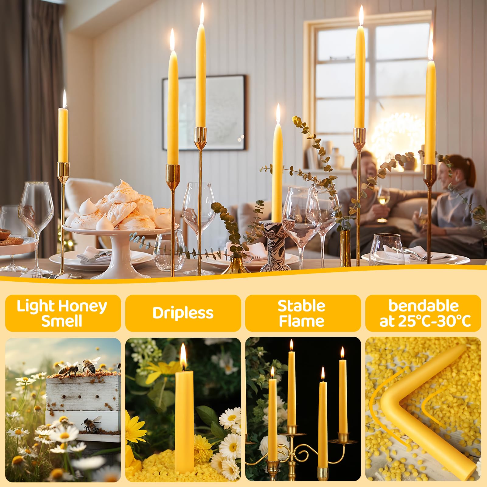 MAKALONE beeswax tapers arranged on a wedding table showing event-ready elegance benefit