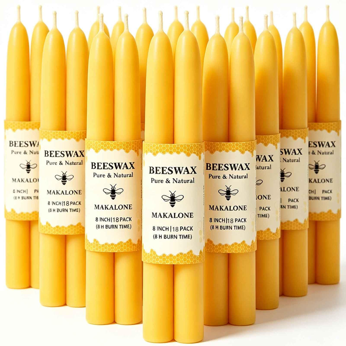 MAKALONE front packaging showing 18 natural beeswax taper candles and contents benefit