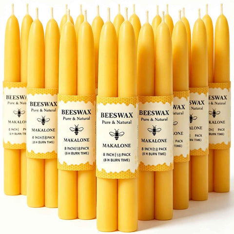 MAKALONE front packaging showing 18 natural beeswax taper candles and contents benefit
