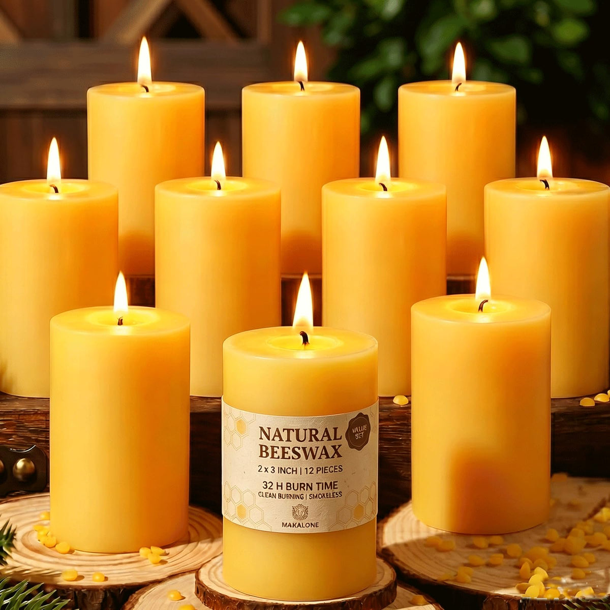 MAKALONE front packaging showing 12-pack beeswax pillars and protective box benefits