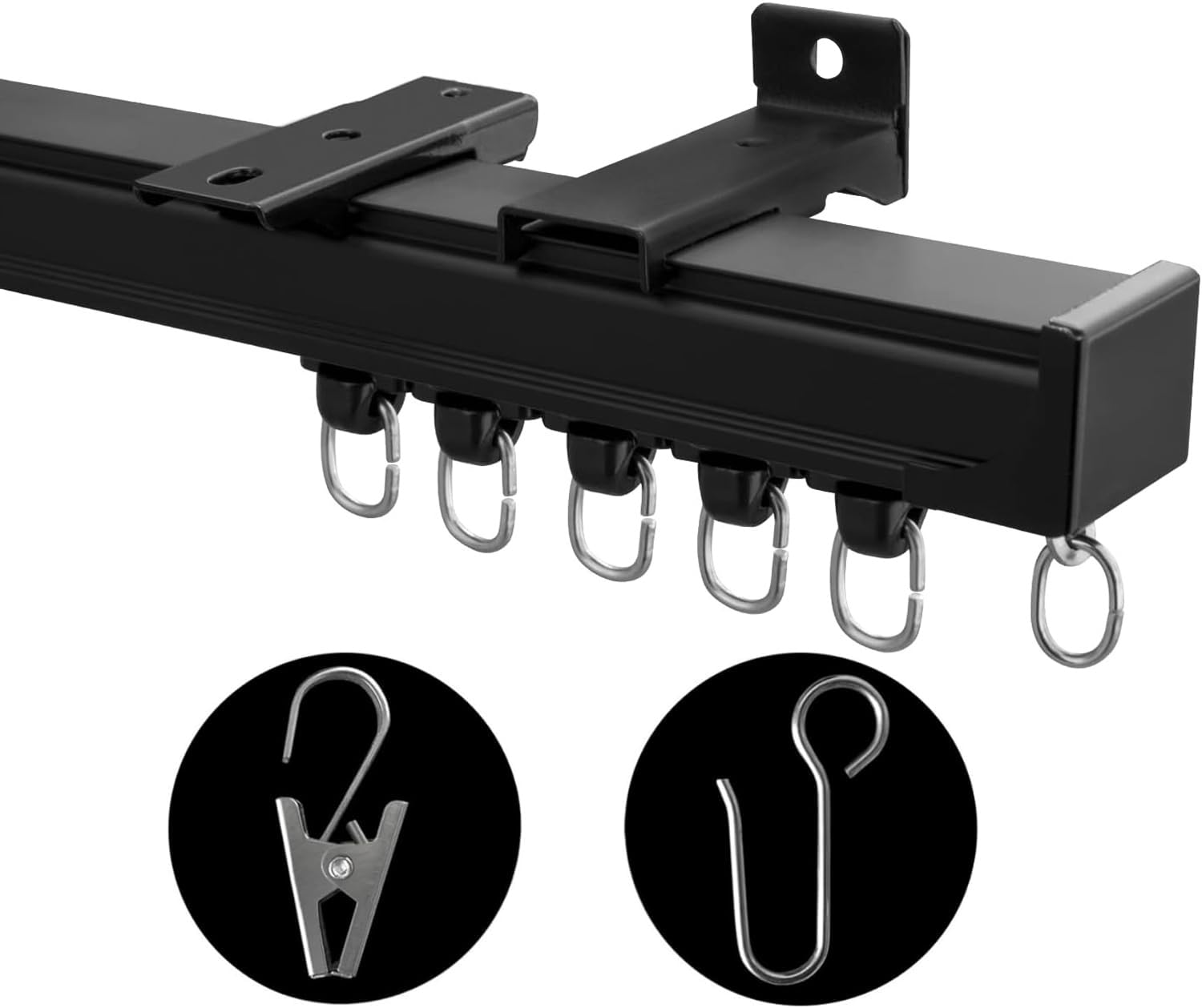 MaKefeile front view of full 9–12ft black ceiling track showing sleek finish and strength