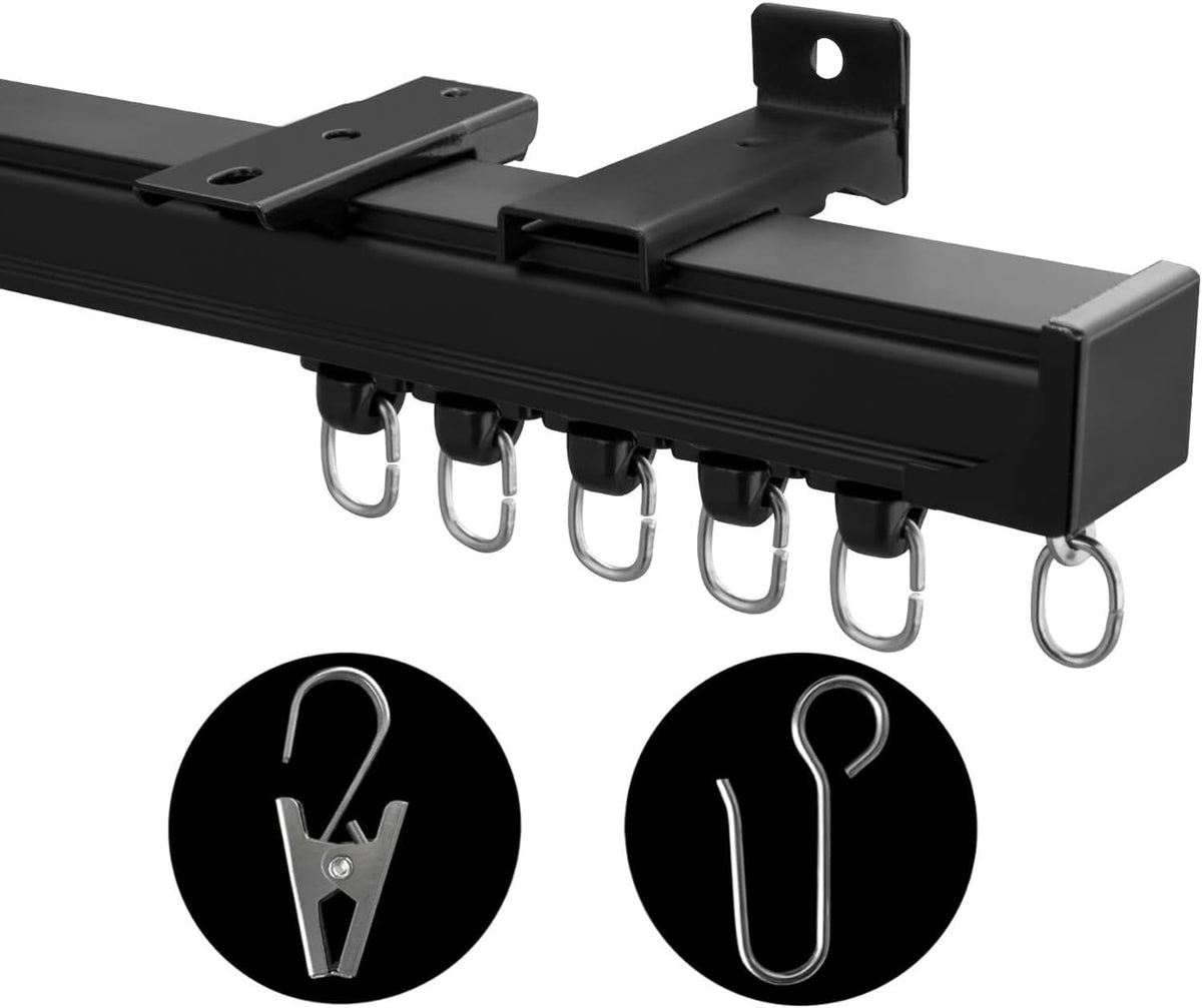 MaKefeile ceiling track front view showing sleek black profile and neat finish