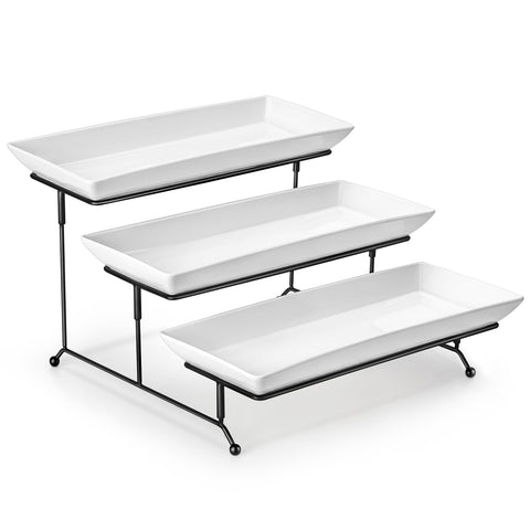 MALACASA three-tier front view showing elegant white porcelain and sturdy black rack for impressive displays