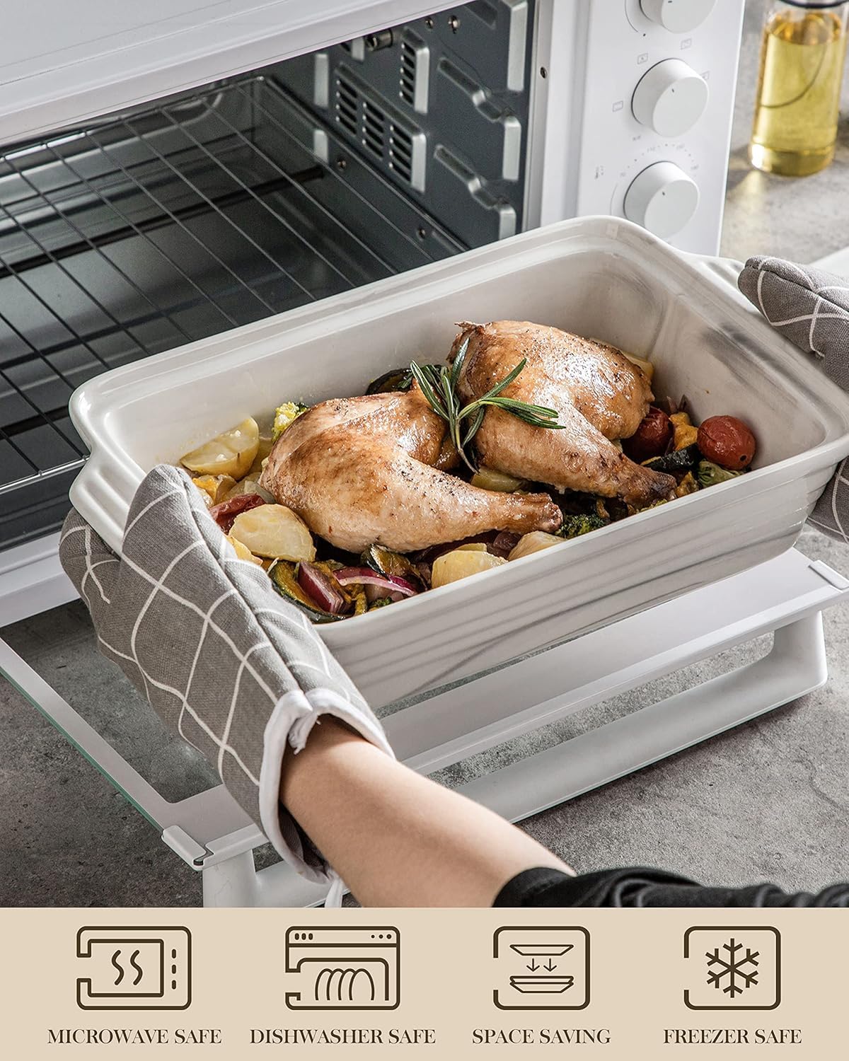 MALACASA casserole in oven illustrating even heat distribution benefit