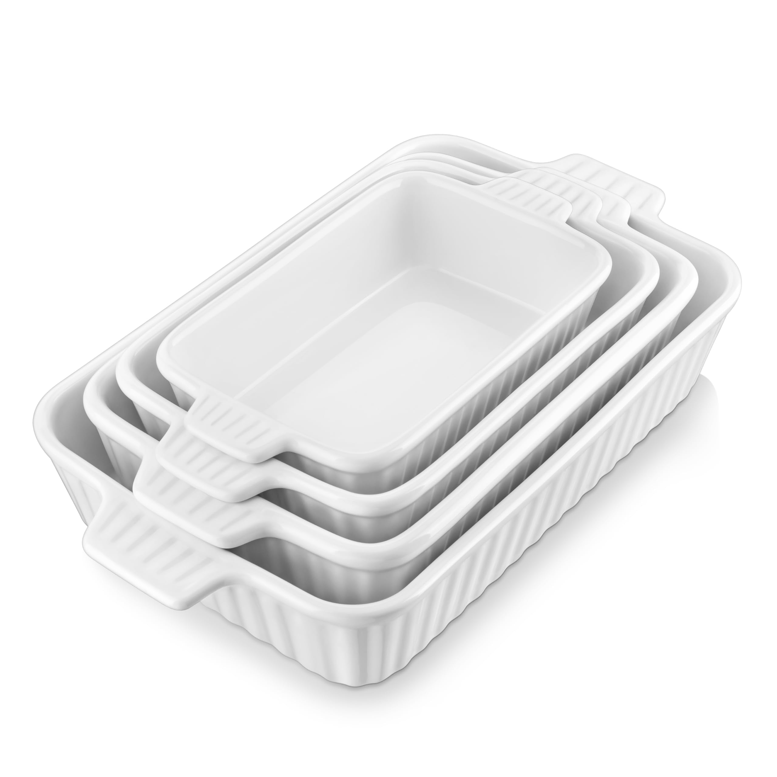MALACASA front view of four white casserole dishes showing clean presentation and versatility