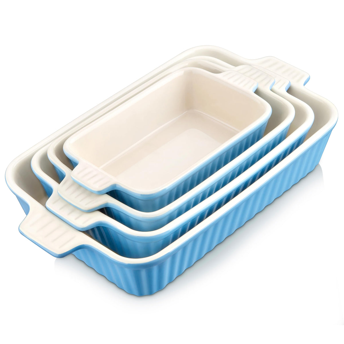 MALACASA front view of blue casserole set showing elegant serving appeal