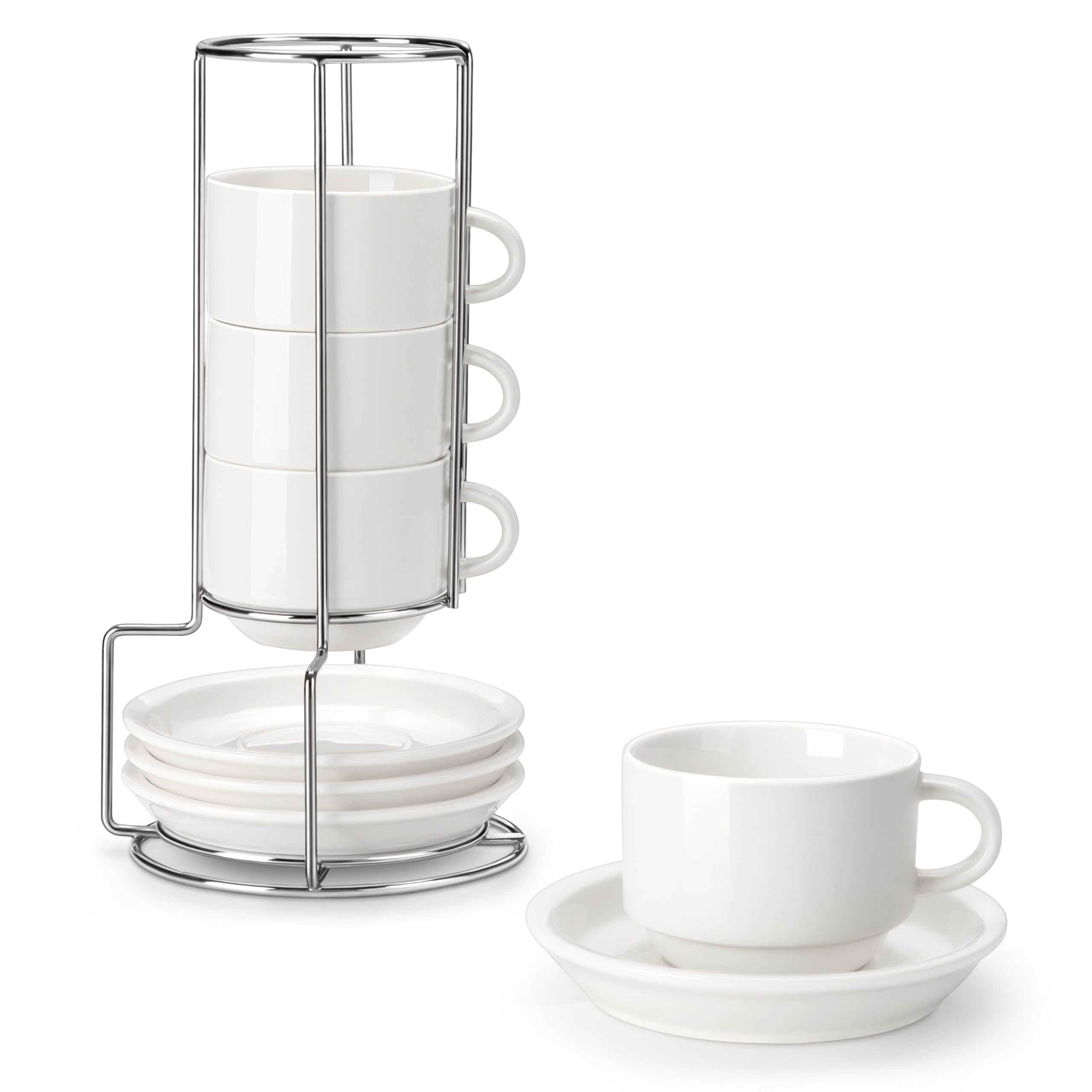 MALACASA front view of four white porcelain cups with saucers and stand showcasing elegant presentation