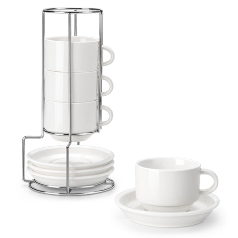 MALACASA front view of four white porcelain cups with saucers and stand showcasing elegant presentation