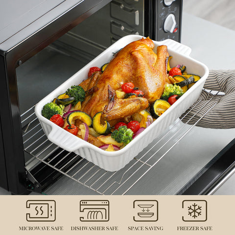 MALACASA casserole in oven baking lasagna illustrating even heat and serving-ready finish