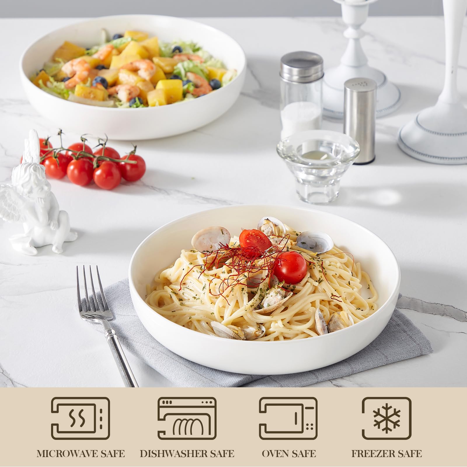MALACASA pasta served in bowl illustrating wide shallow shape for comfortable eating