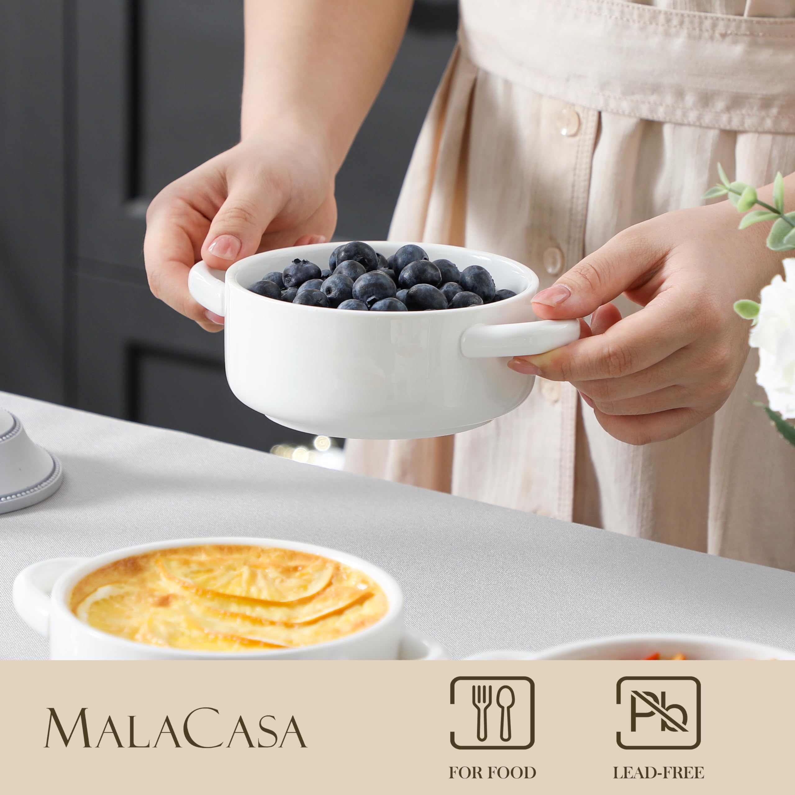 MALACASA close-up handle view showing sturdy grip for safe oven-to-table transfer