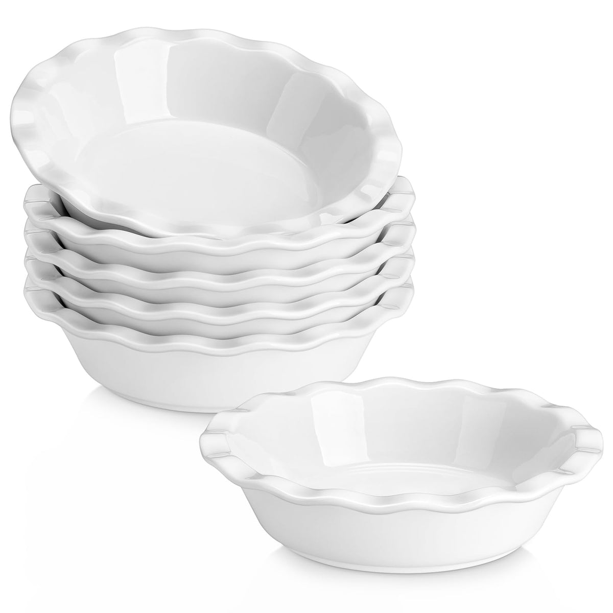 MALACASA front view of six white mini pie pans, elegant serving