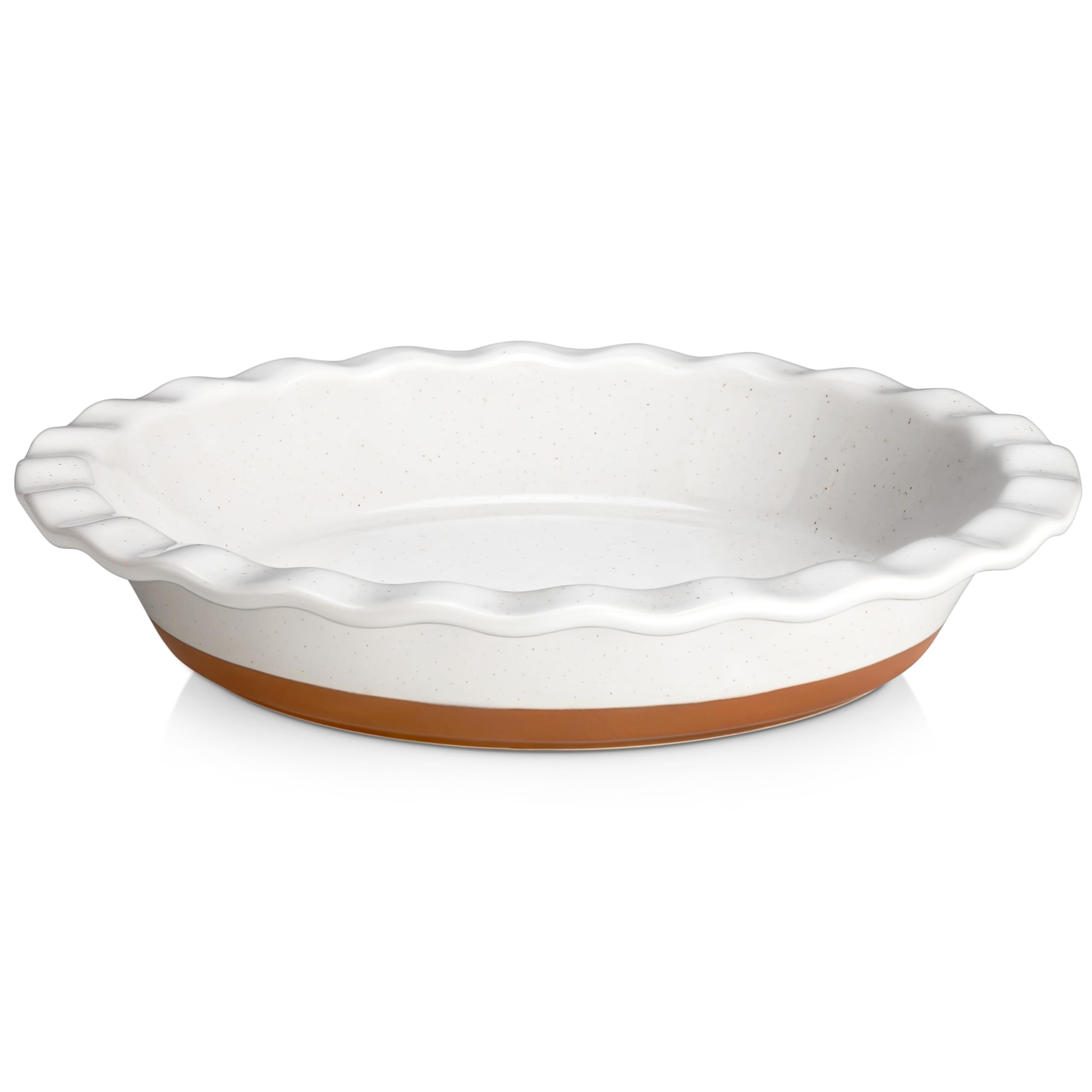 MALACASA front view of 9-inch pie pan showing sturdy stoneware and fluted rim for easy serving