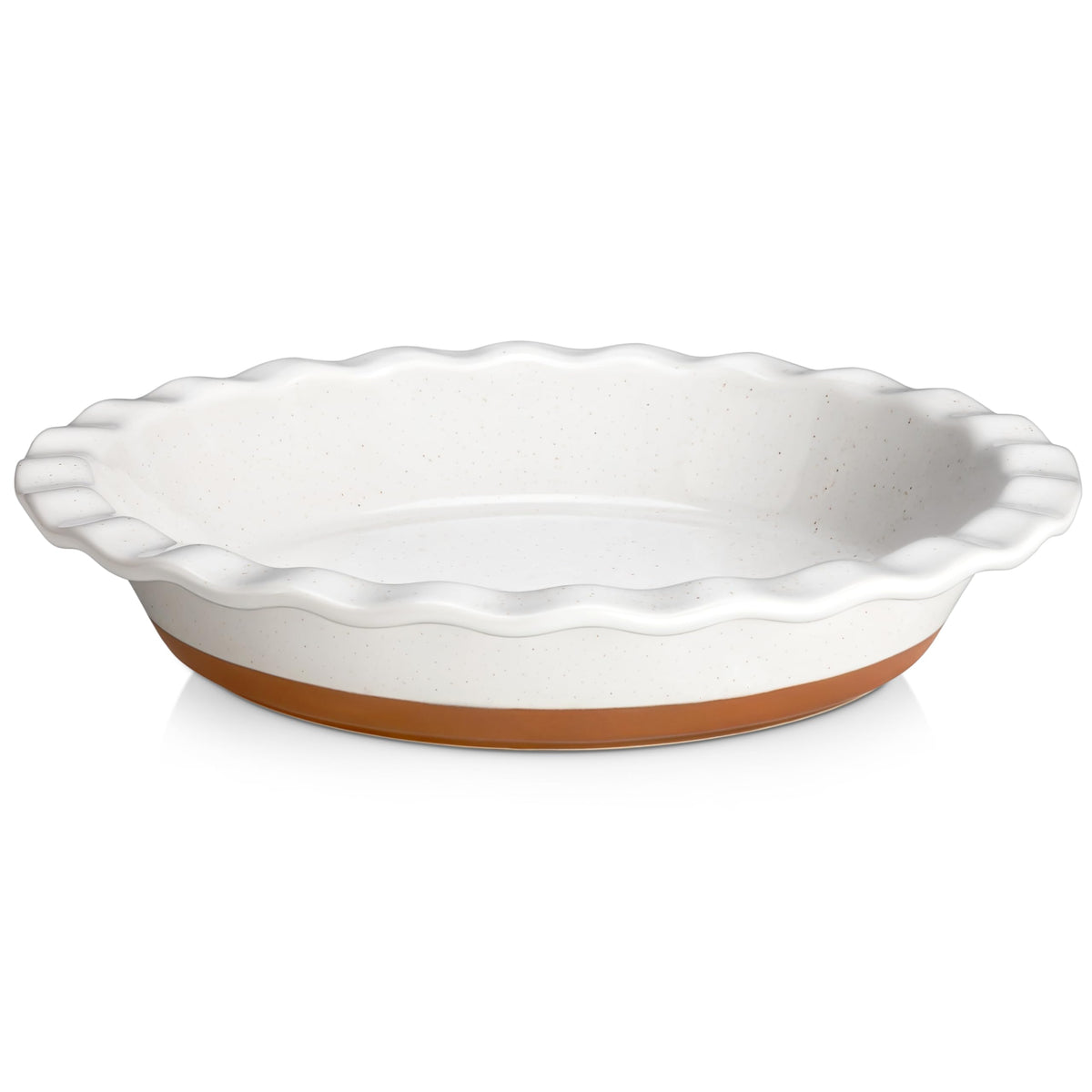 MALACASA front view of 9-inch pie pan showing sturdy stoneware and fluted rim for easy serving