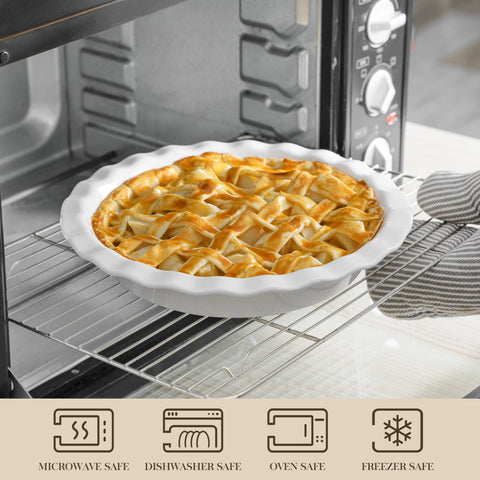 MALACASA pie pan in oven with golden crust demonstrating even baking