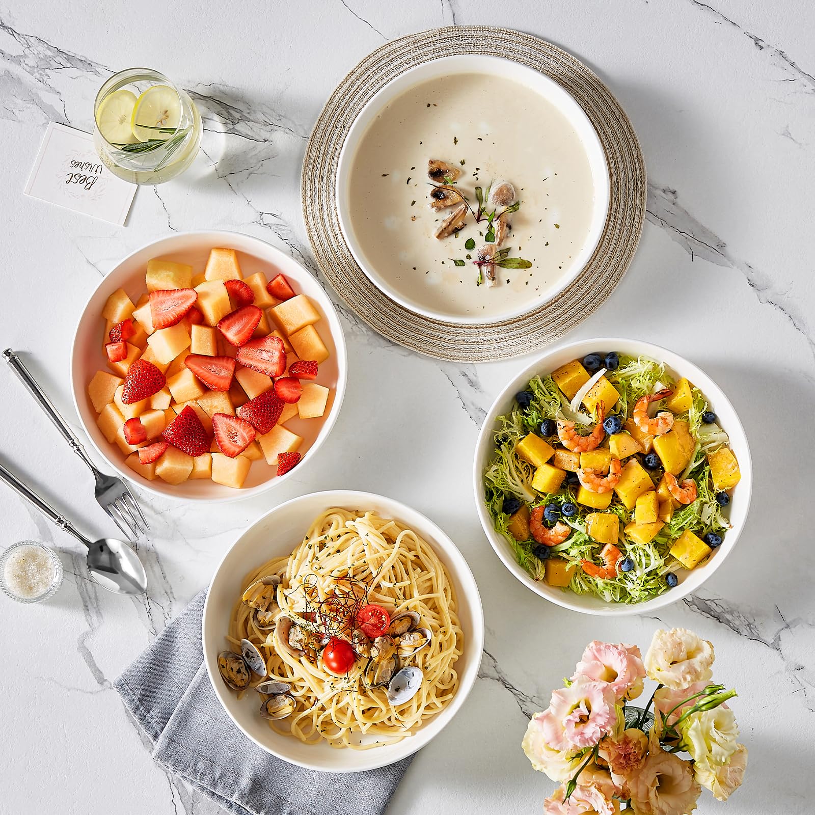 MALACASA hand holding bowl to show 48 oz capacity and family-sized serving advantage