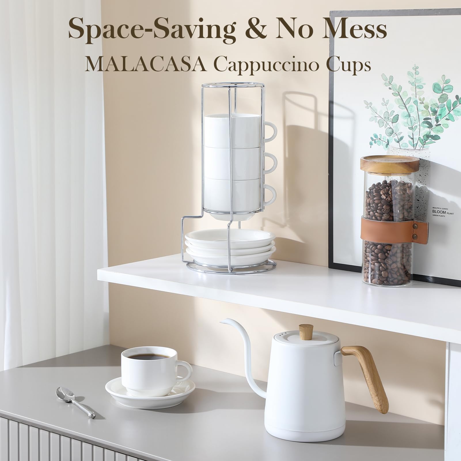 MALACASA stacked cups on kitchen shelf showing compact storage and organized coffee station benefit