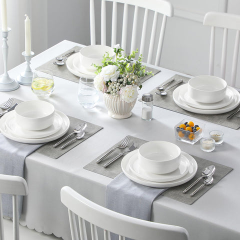 MALACASA stacked dinnerware in cupboard, shows efficient nesting and organized storage