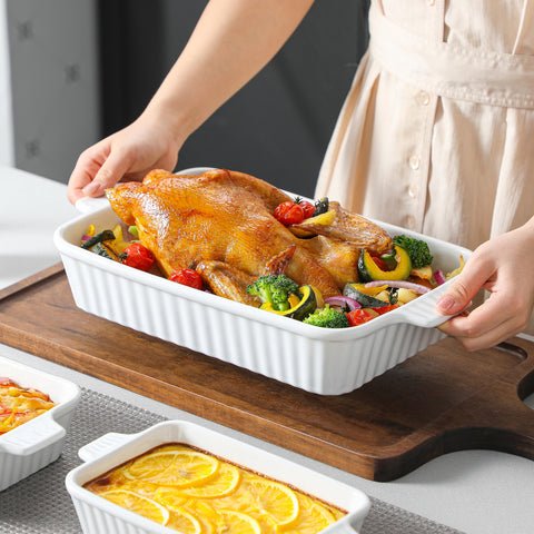 MALACASA dishes stacked in refrigerator showing compact storage and make-ahead convenience