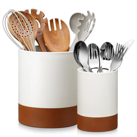 MALACASA front view of two khaki white TARA crocks adds countertop organization