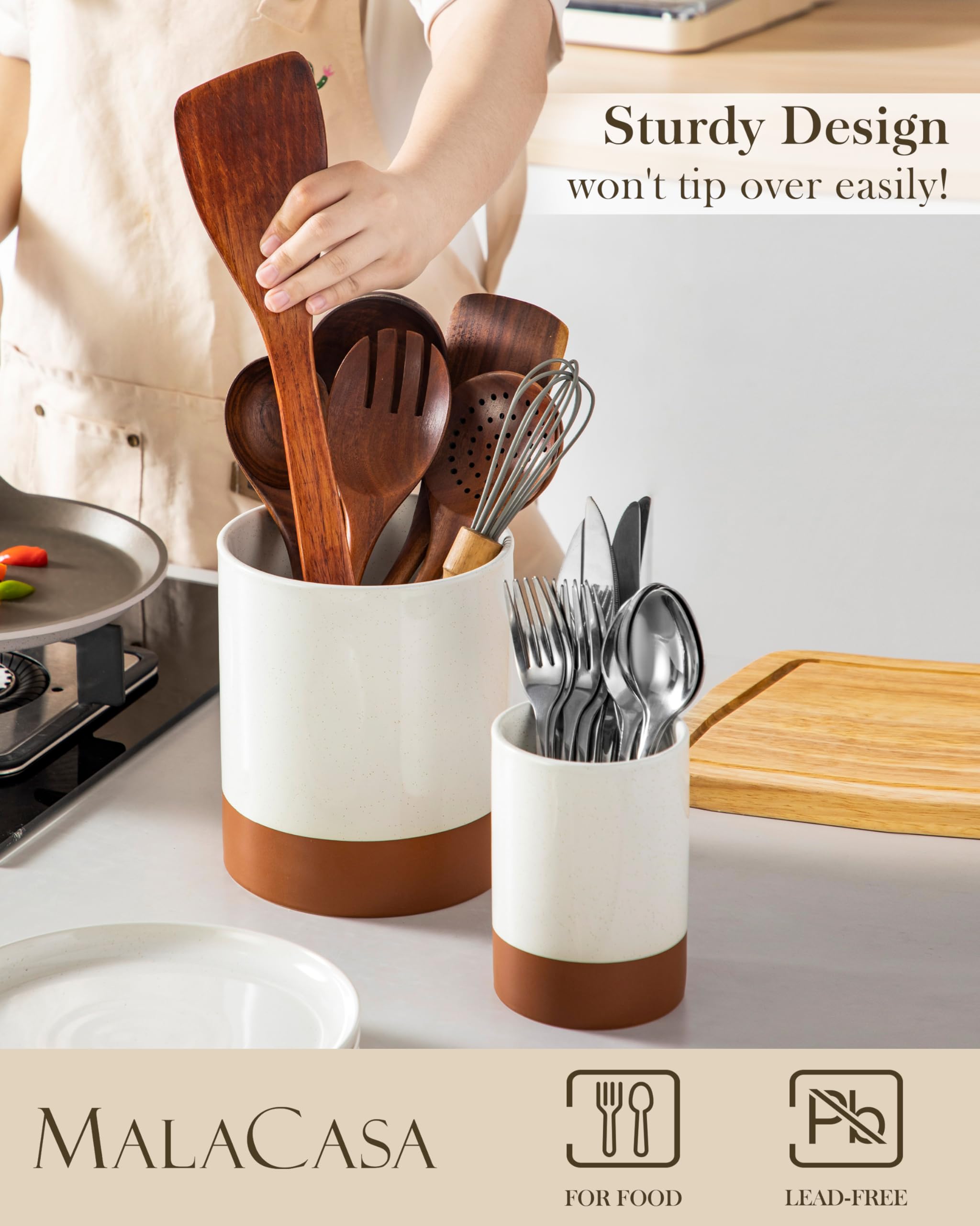 MALACASA small crock neatly storing forks and spoons for tidy kitchen counters