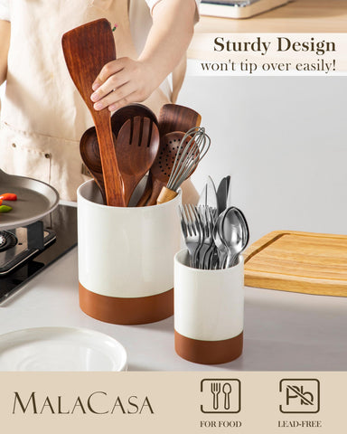 MALACASA small crock neatly storing forks and spoons for tidy kitchen counters