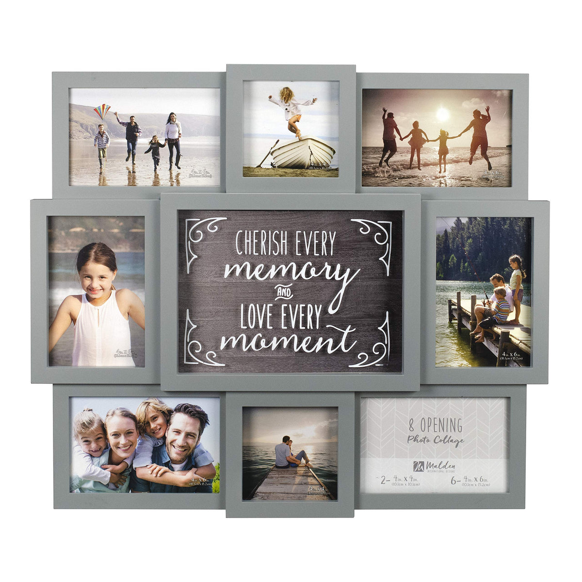 Malden front view of gray collage frame showing eight openings and modern-rustic look, perfect for family photos