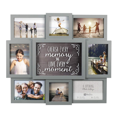 Malden front view of gray collage frame showing eight openings and modern-rustic look, perfect for family photos