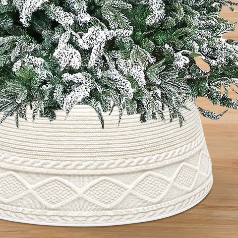 Malier front view of white knit tree collar hiding stand for clean look
