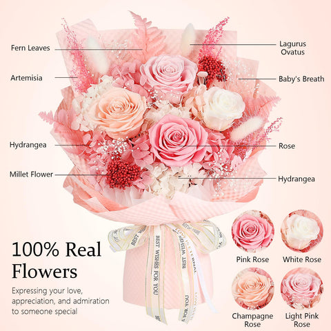 MAMAMIKO shown with hand for scale demonstrating rose and bouquet proportions