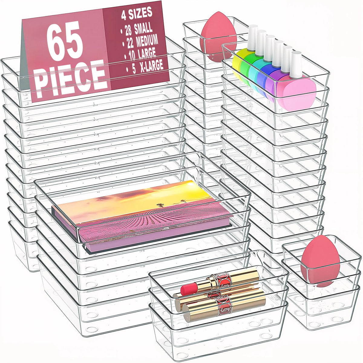 Manalete front view of clear organizer set showing all trays, keeps items visible
