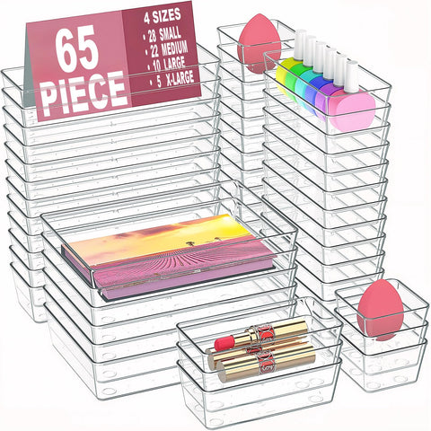 Manalete front view of clear organizer set showing all trays, keeps items visible