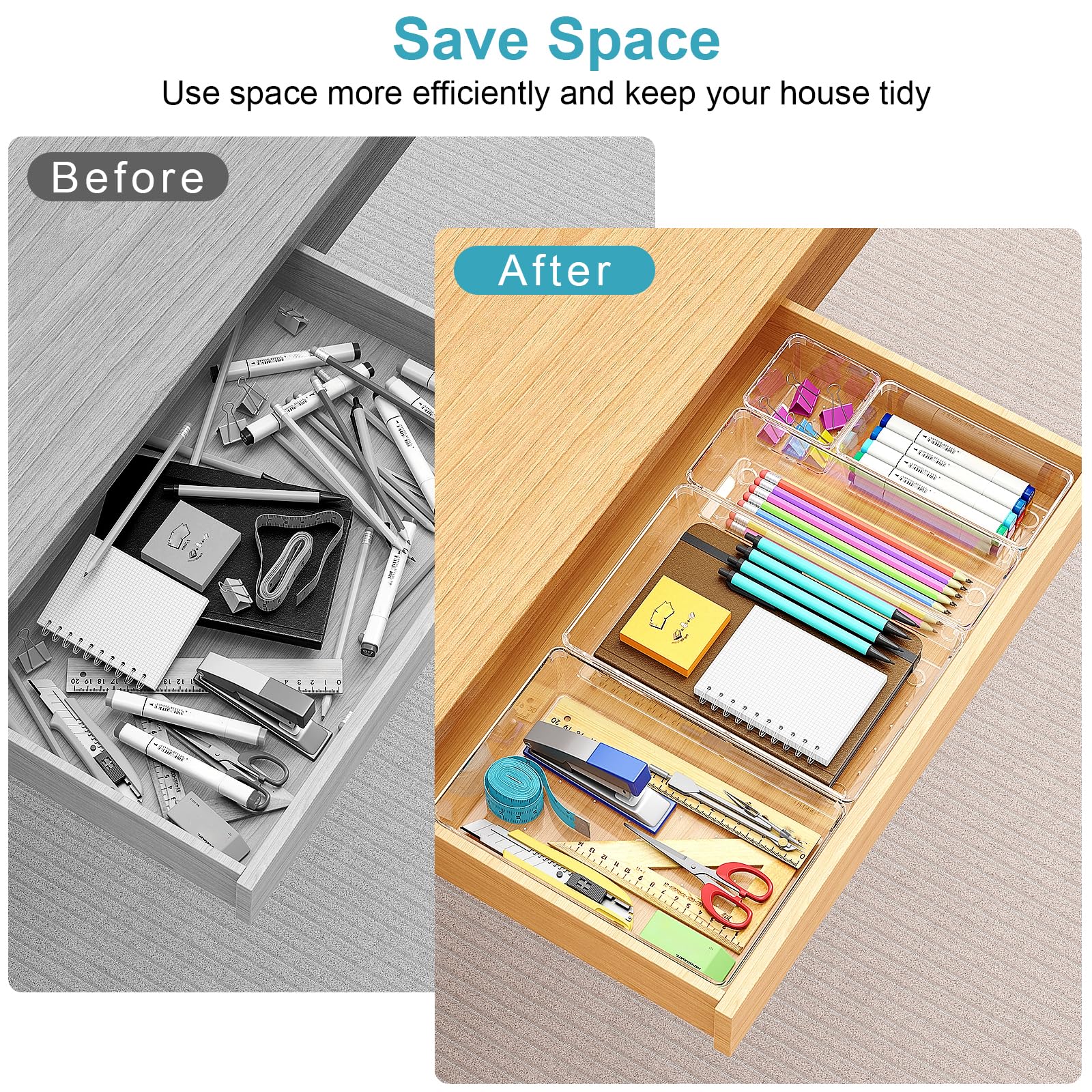 Manalete top-down layout of four tray sizes, shows flexible drawer customization