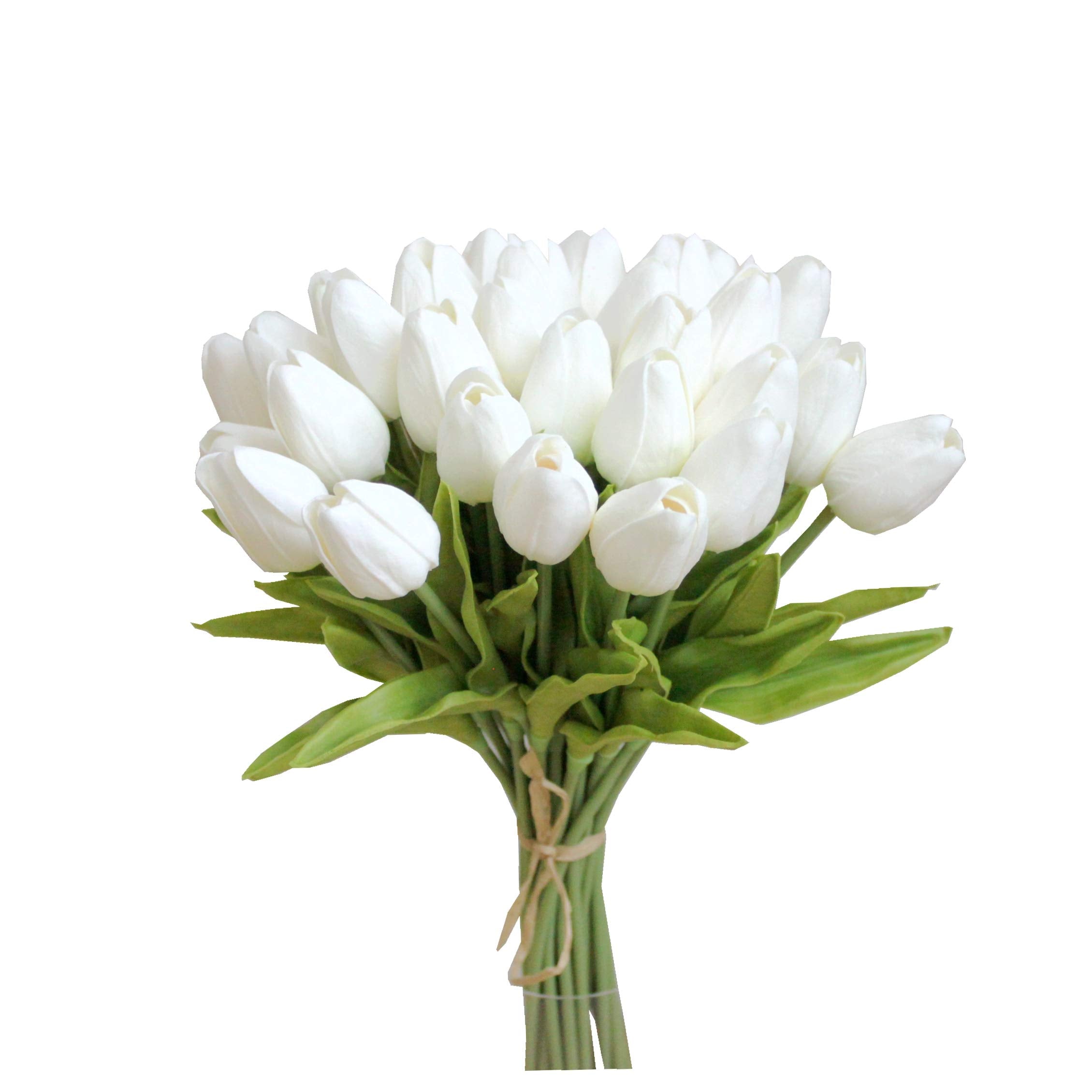 Mandy's front view of 28 white tulips showing neat packaging and ready styling benefit