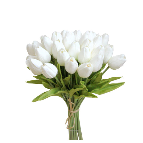 Mandy's front view of 28 white tulips showing neat packaging and ready styling benefit