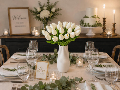 Mandy's tulips at an office reception conveying professional polished decor benefit