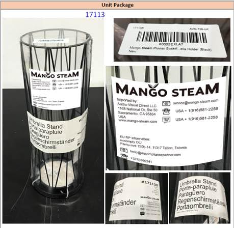 Mango Steam umbrella holder next to a shoe rack for scale, shows small 6-inch footprint