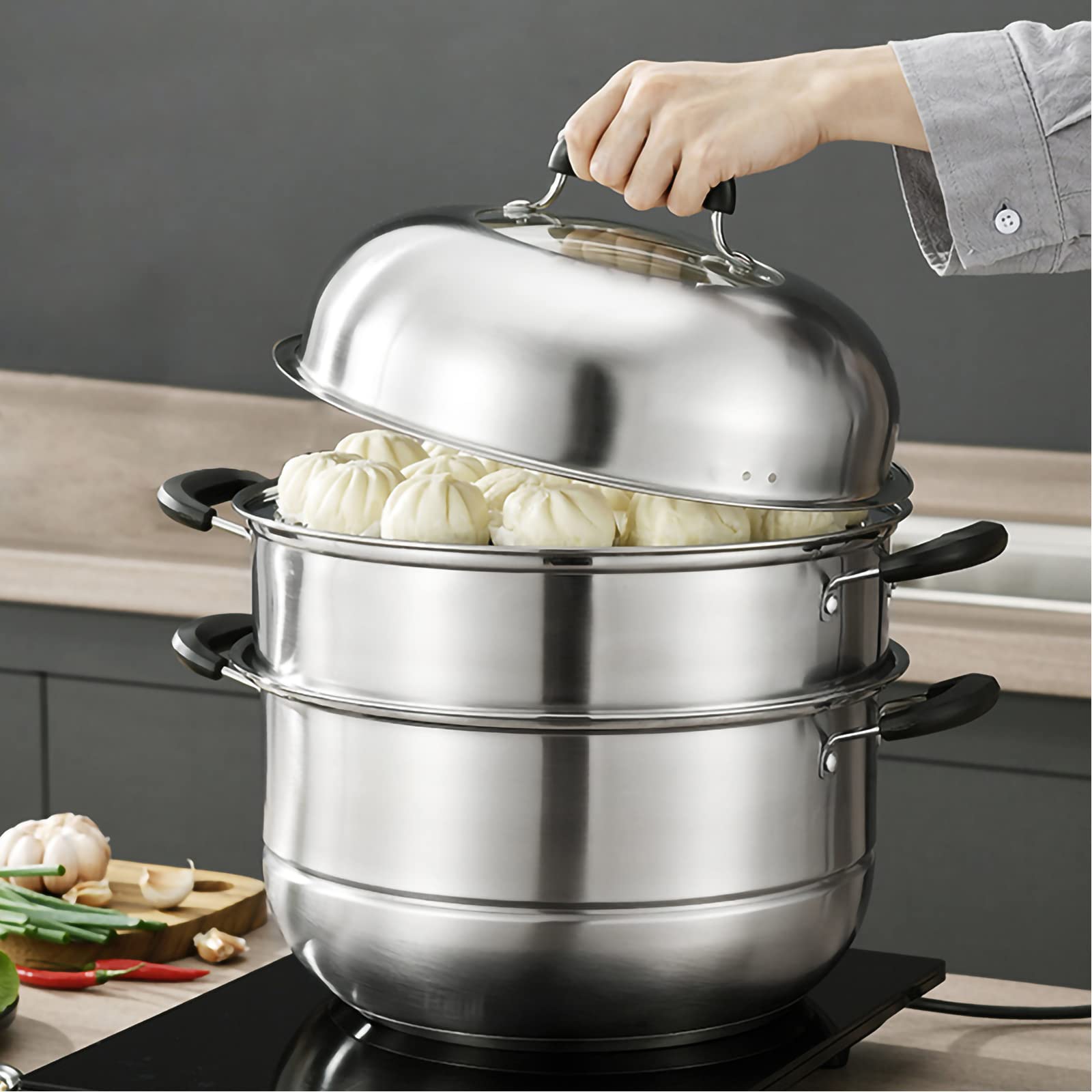 MANO front view of 11-inch steamer pot showing full set and usability