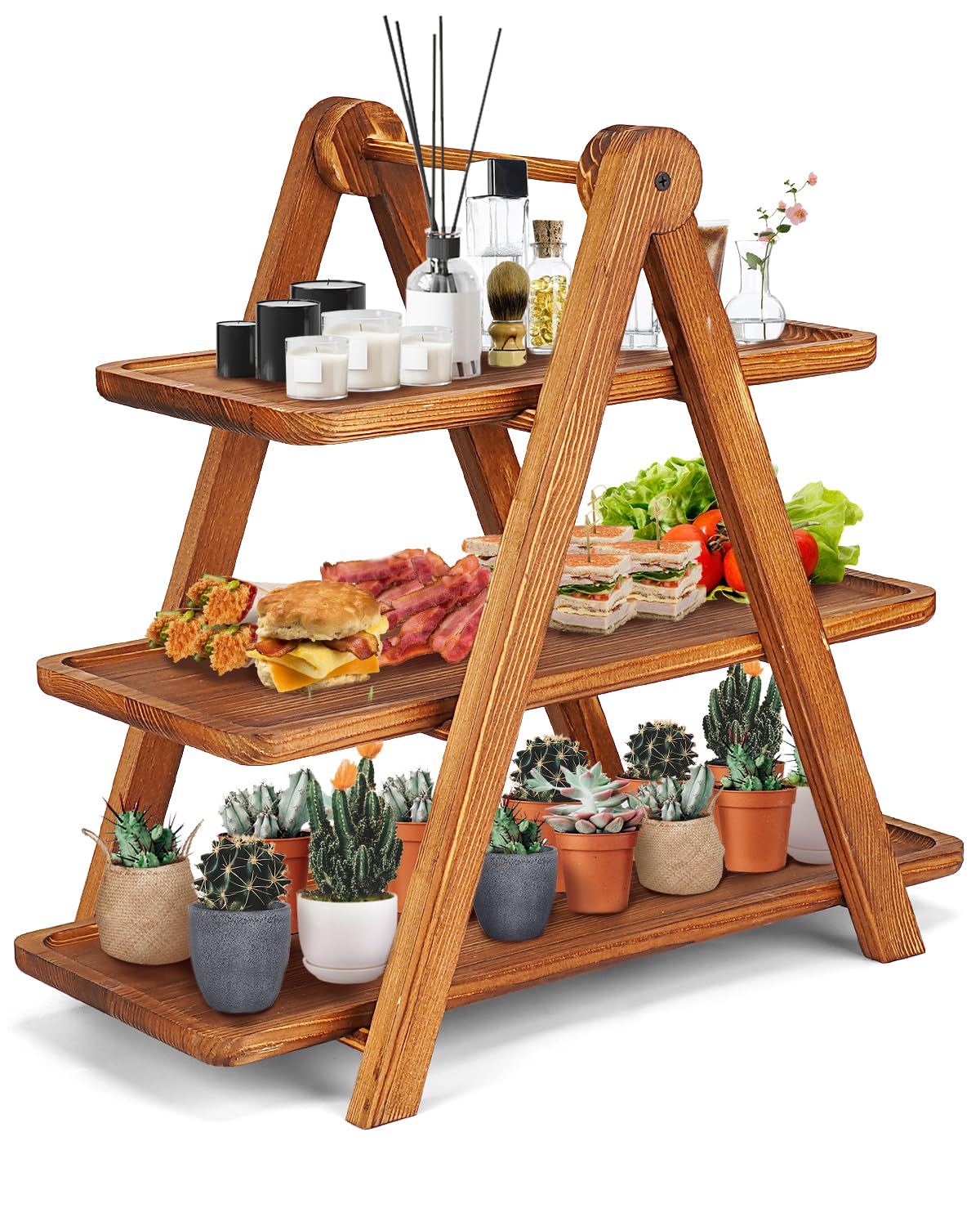 Manspdier front view assembled 3-tier tray shows rustic display benefit