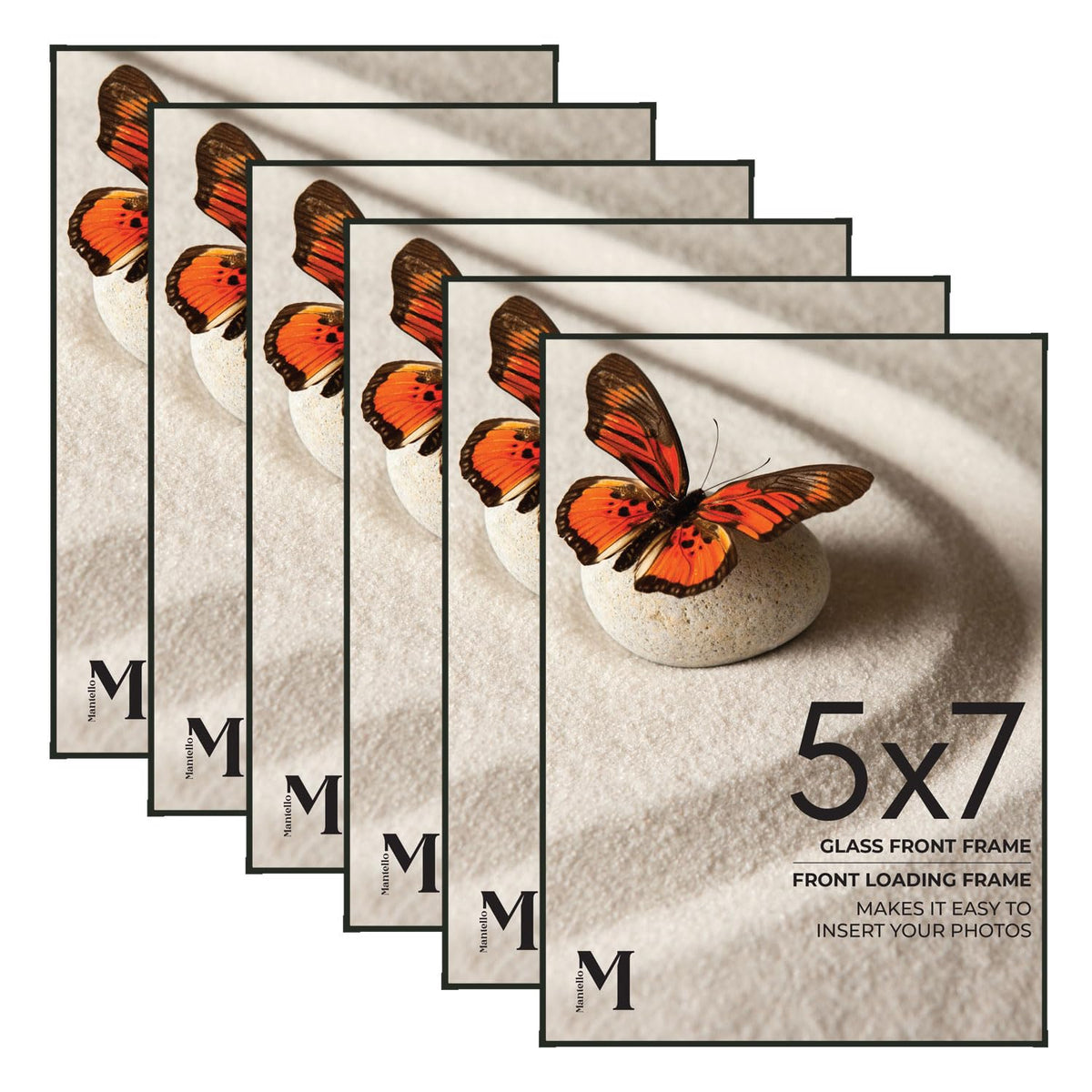MANTELLO ESSENTIALS front view of six black 5x7 frames showing sleek look and uniformity