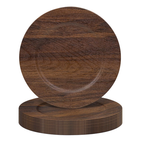 MAONAME front view of brown faux wood charger showing full plate and finish for elegant tables