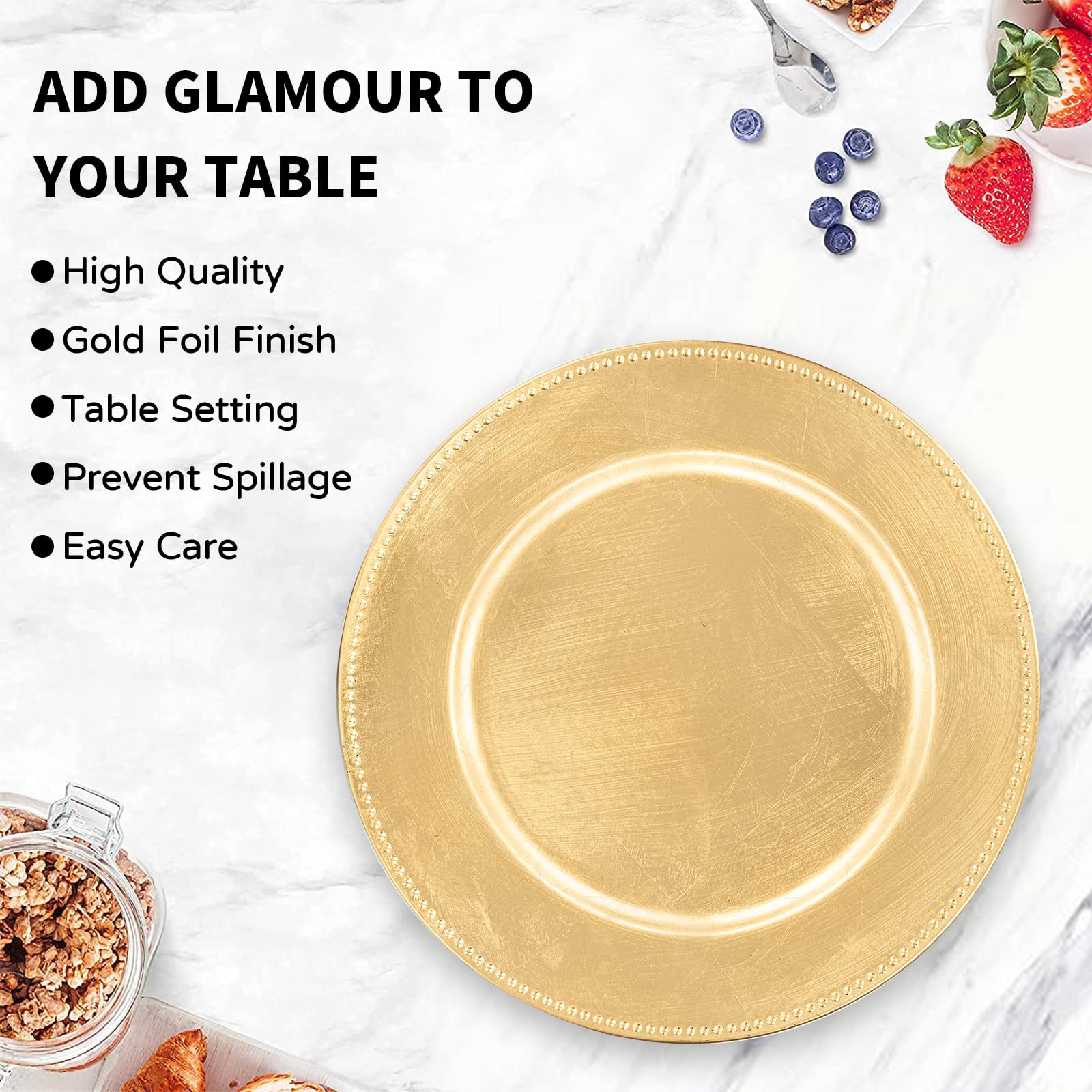 MAONAME chargers styled on wedding table to create cohesive upscale place settings